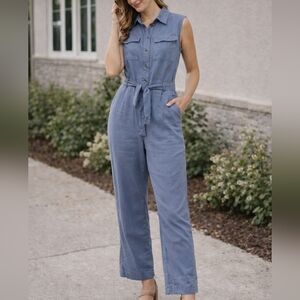 Ci Sono Sleeveless Linen Blend Jumpsuit Slate Blue Size M Utility Button-Front